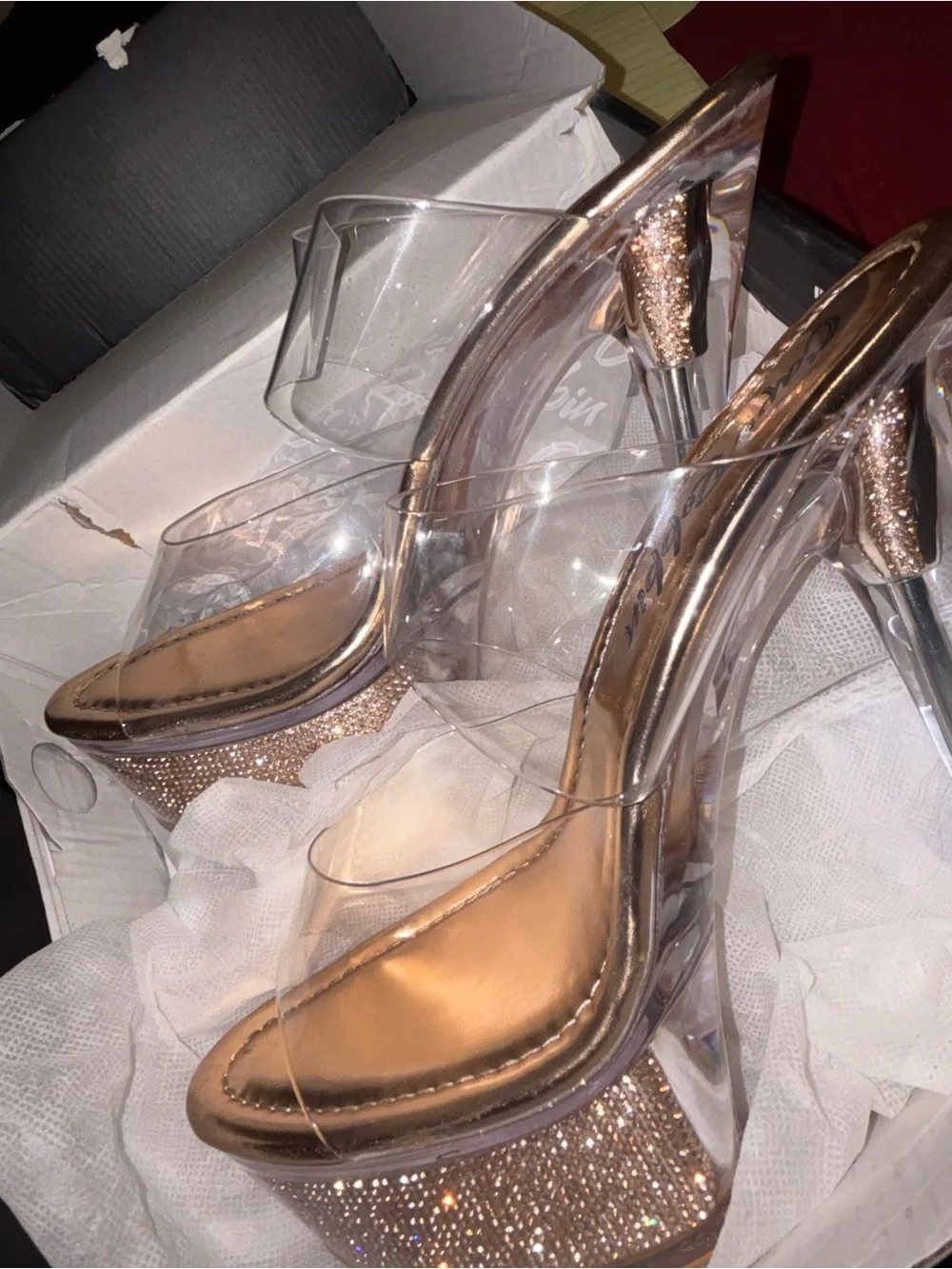 Clear Platform Glitter High Heels - Rose Gold